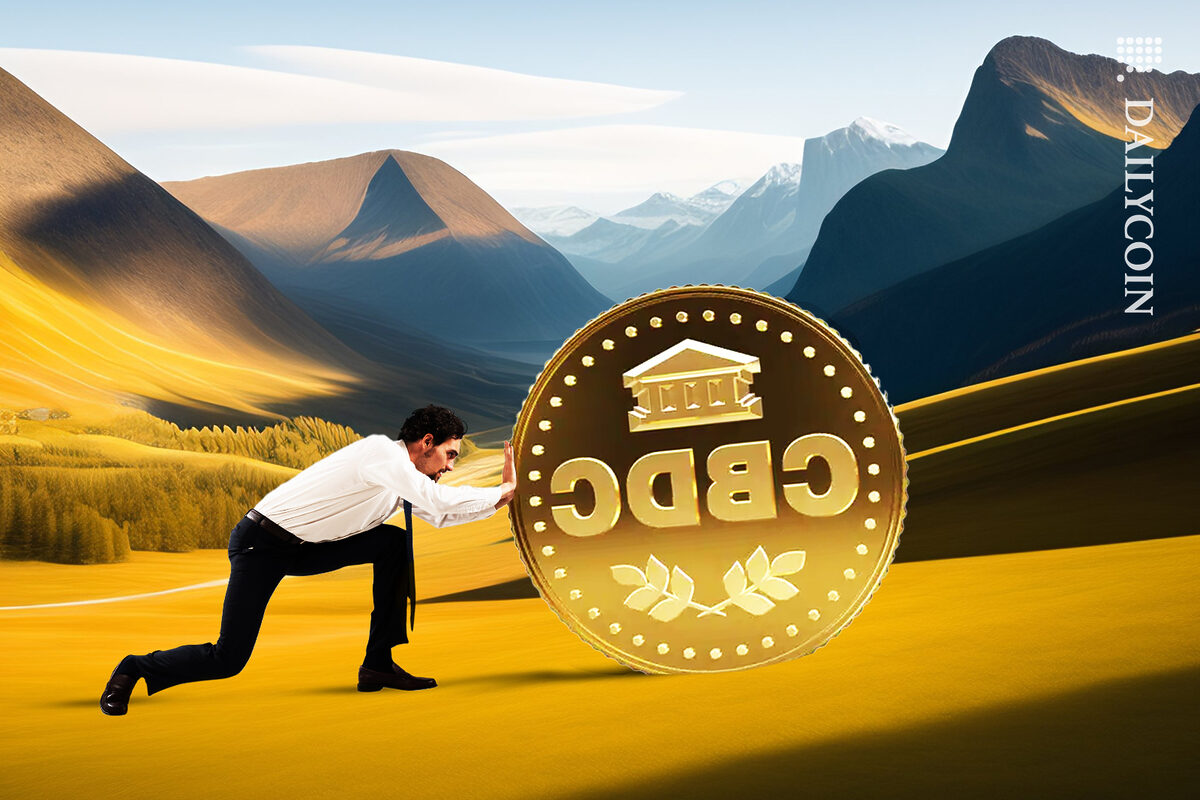 Man struggling to push CBDC coin up the mountains of Canada.