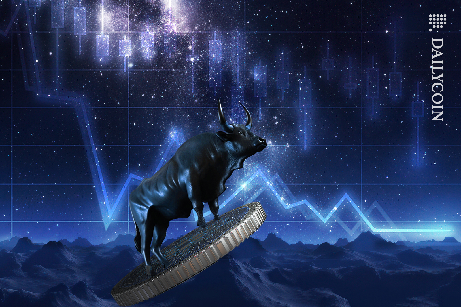 Bull tilting the Cardano coin backwards watching the ADA chart in the starry night going down.