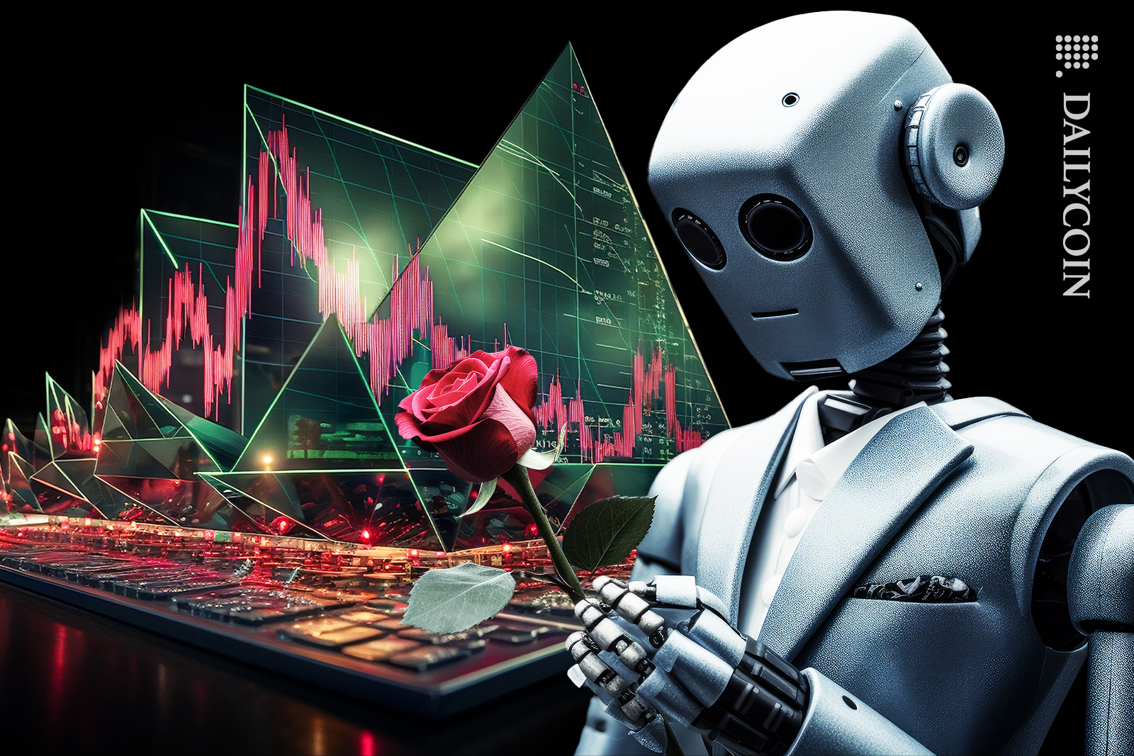 Sad robot bringing a flower to the crypto funeral.