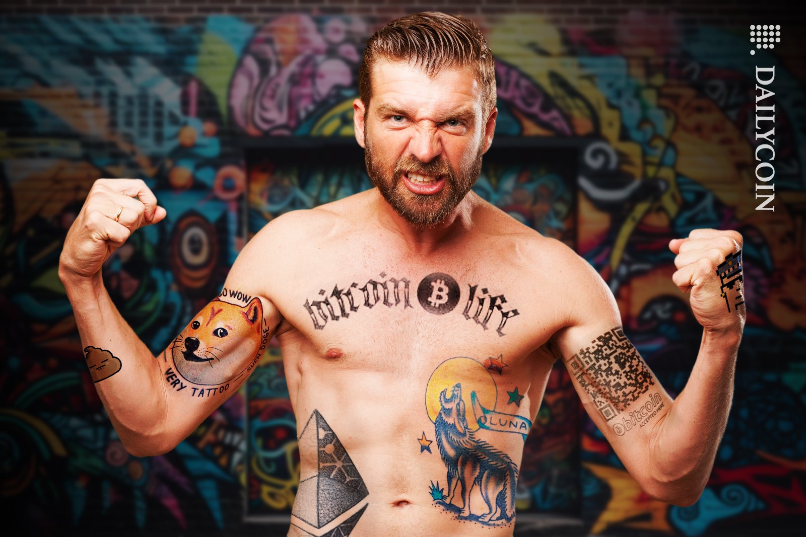 Man flexing with his crypto tattoos.