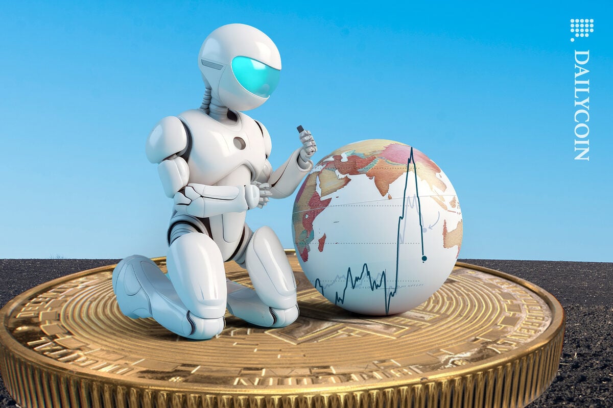 Robot looking into the Global inflation index, whilst kneeling on a Bitcoin thats flat on earths ground.