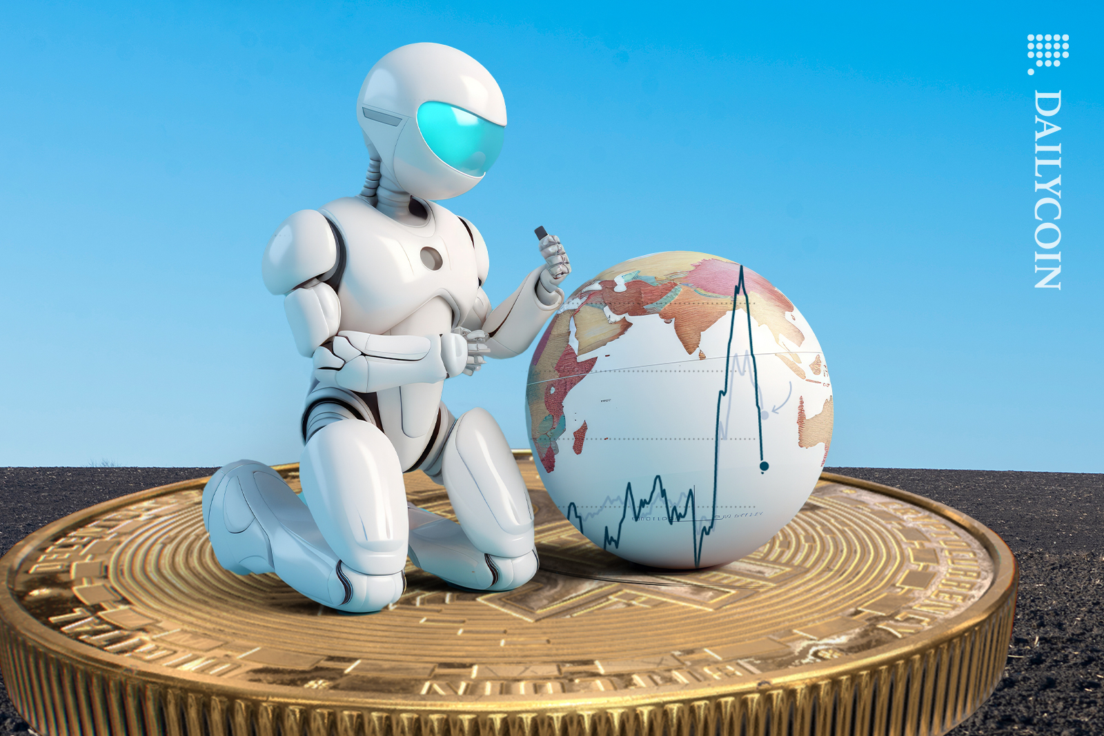 Robot looking into the Global inflation index, whilst kneeling on a Bitcoin thats flat on earths ground.
