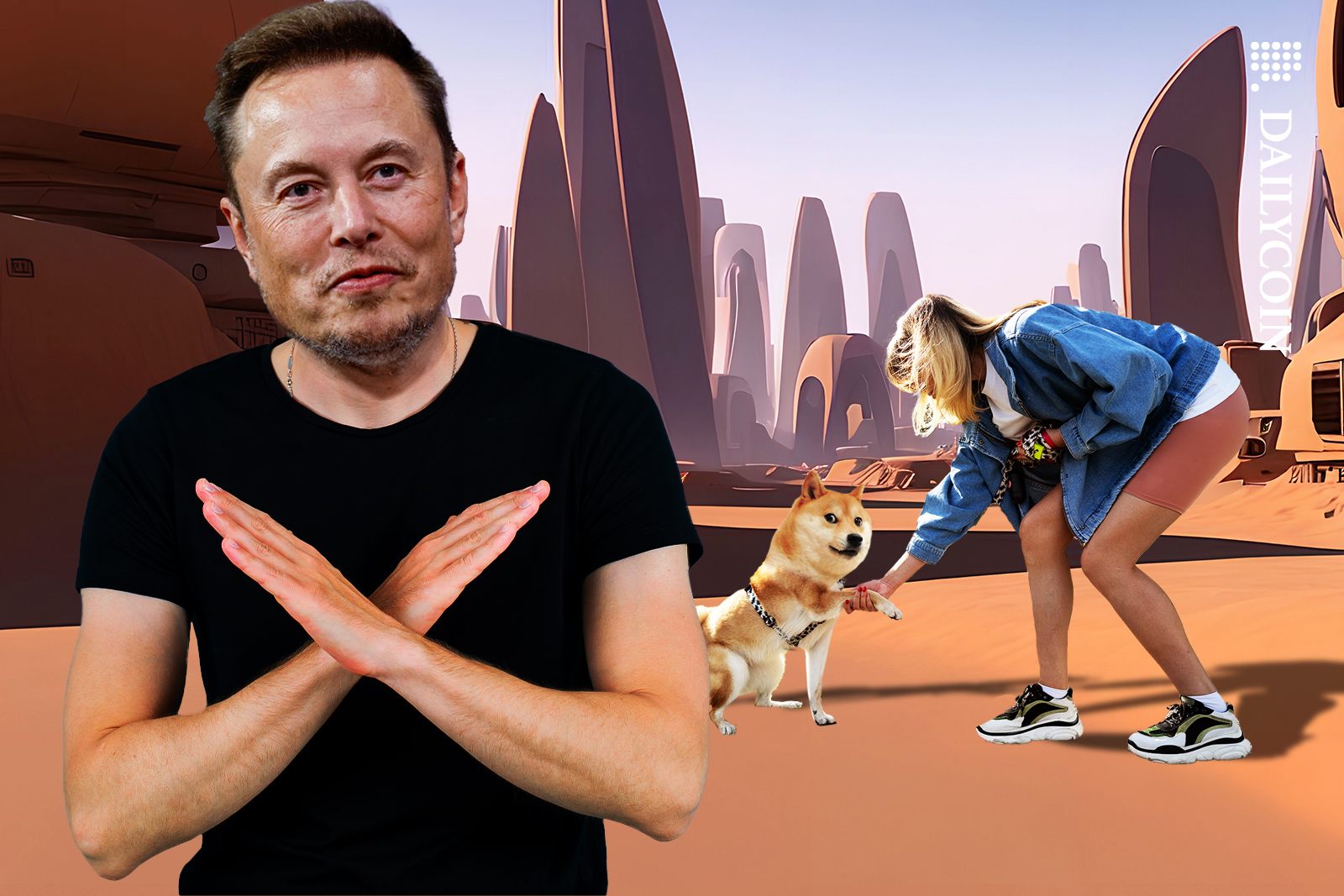Doge meeting his fans in a futuristic land. Elon musk showing X sign.