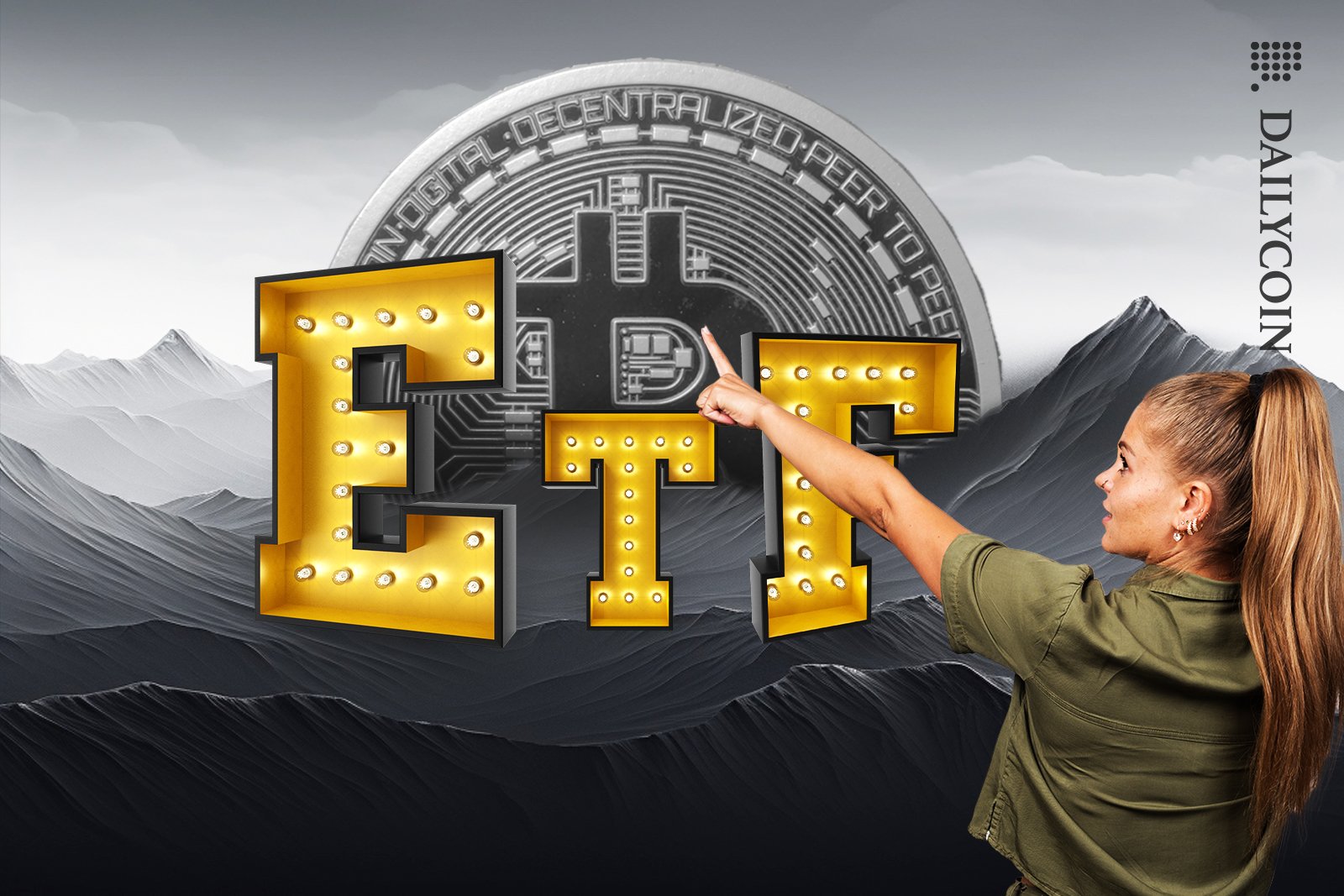Grayscale lanscape with presenting Bitcoin ETF.
