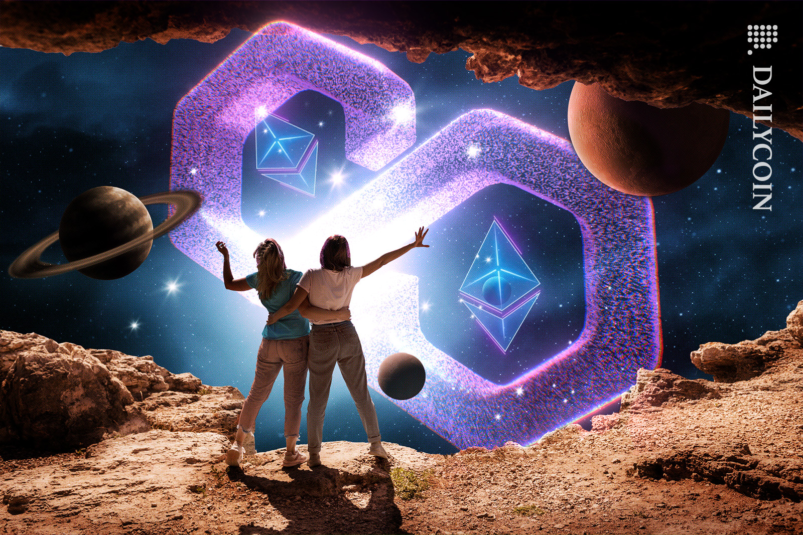Glowing Polygon with Ethereums in space.