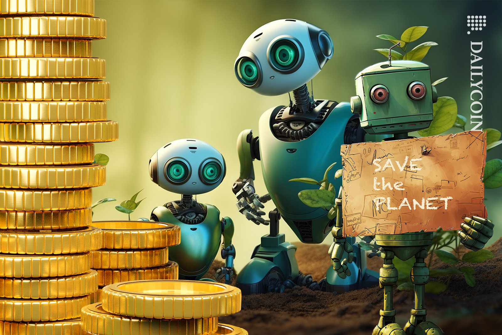 Eco friendly robots looking at some coins on soil.