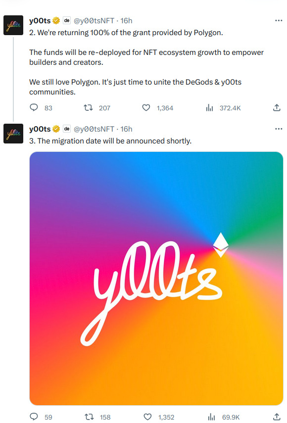A tweet from y00ts explaining their return to Polygon. 