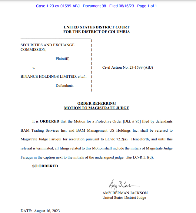 Court order referring Binance’s motion for protective order to a magistrate judge. 
