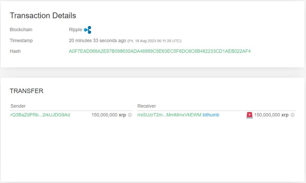 An image showing a transaction of 150 Million XRP valued around $76 million sent to Bithumb. Source: Whale Alert