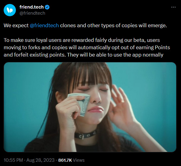 Now-deleted tweet from friend.tech announcing penalization policy featuring meme image of young woman drying tears using money