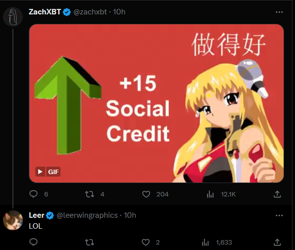 Screenshot of ZachXBT's reply to draconian penalization policy from friend.tech featuring meme of cartoon woman implying the move was good for social credit scoring
