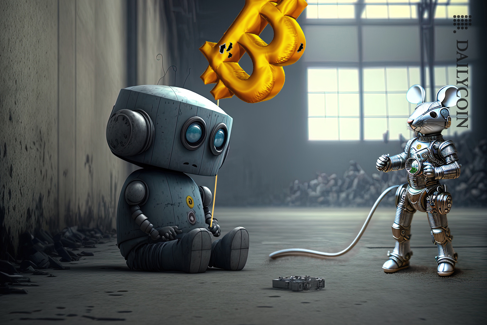 Sad robot sitting on the floor with a burst Bitcoin balloon, a little mouse wondering why.