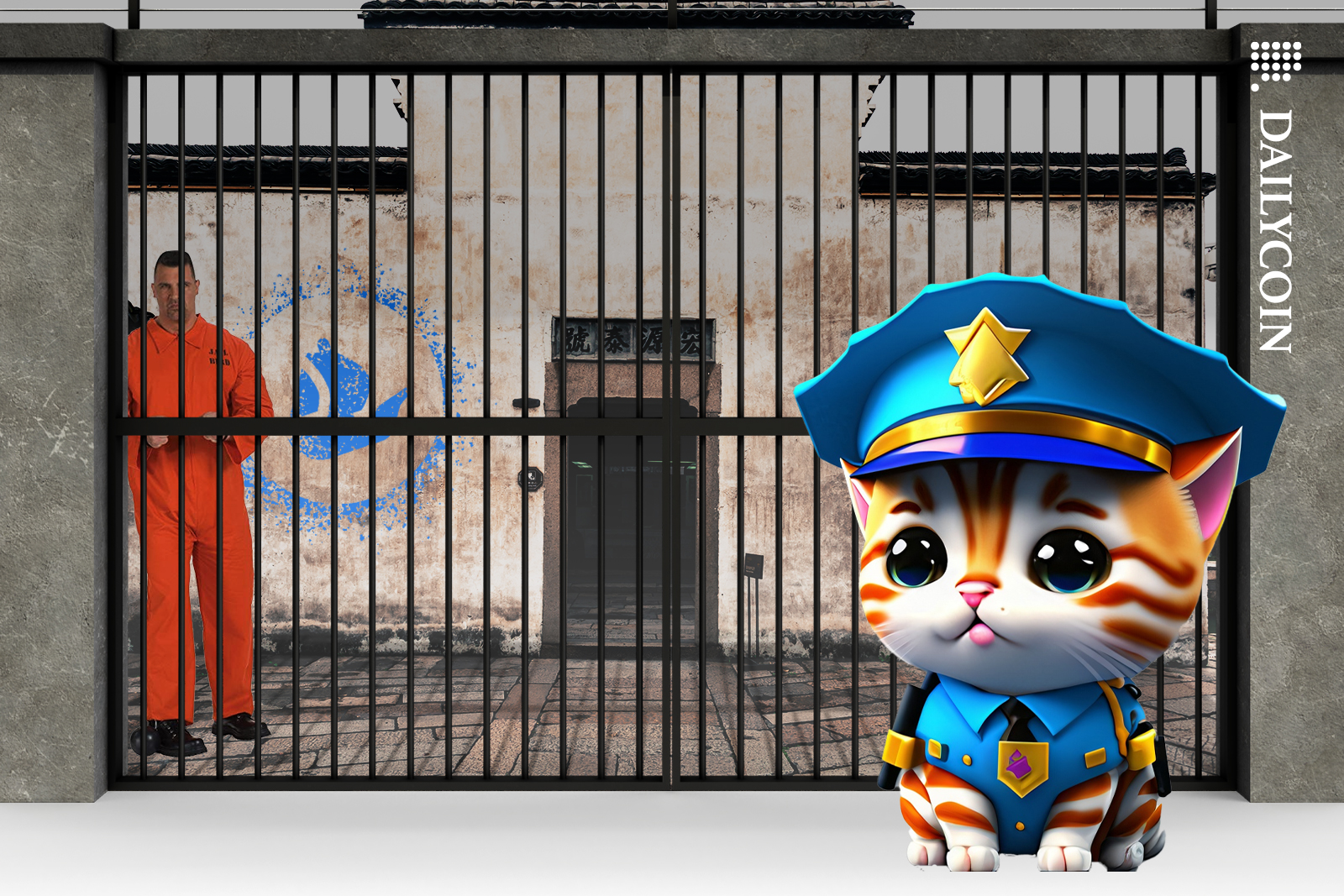 Man in open sea prison, NTF police kitty is guarding the gates.