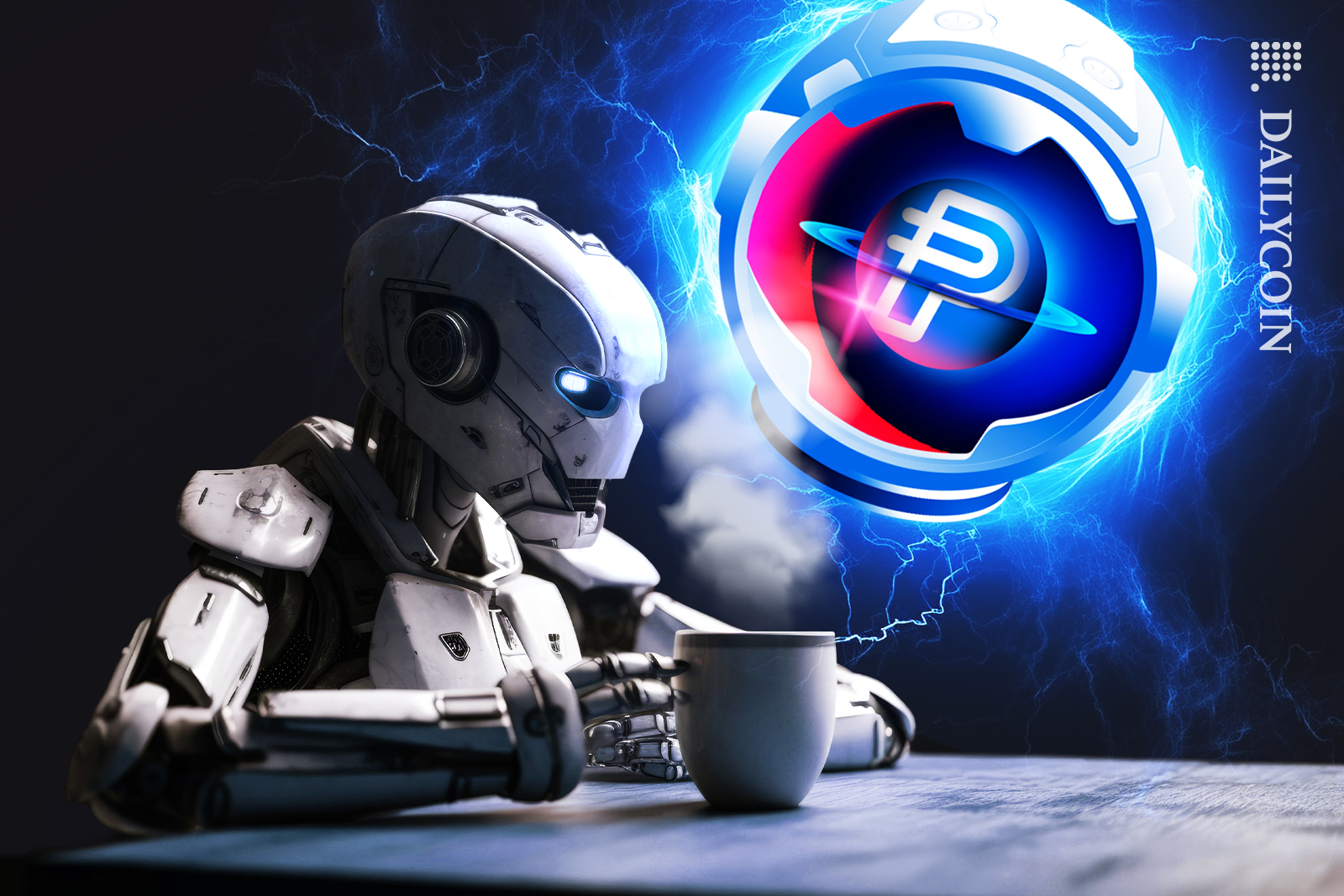 Robot having his morning coffee, worrying about PayPal's stablecoin.