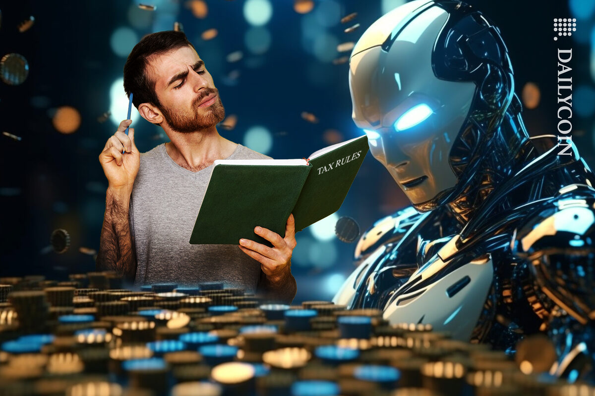 Man going over the text rules whilst his robot counts his coins.