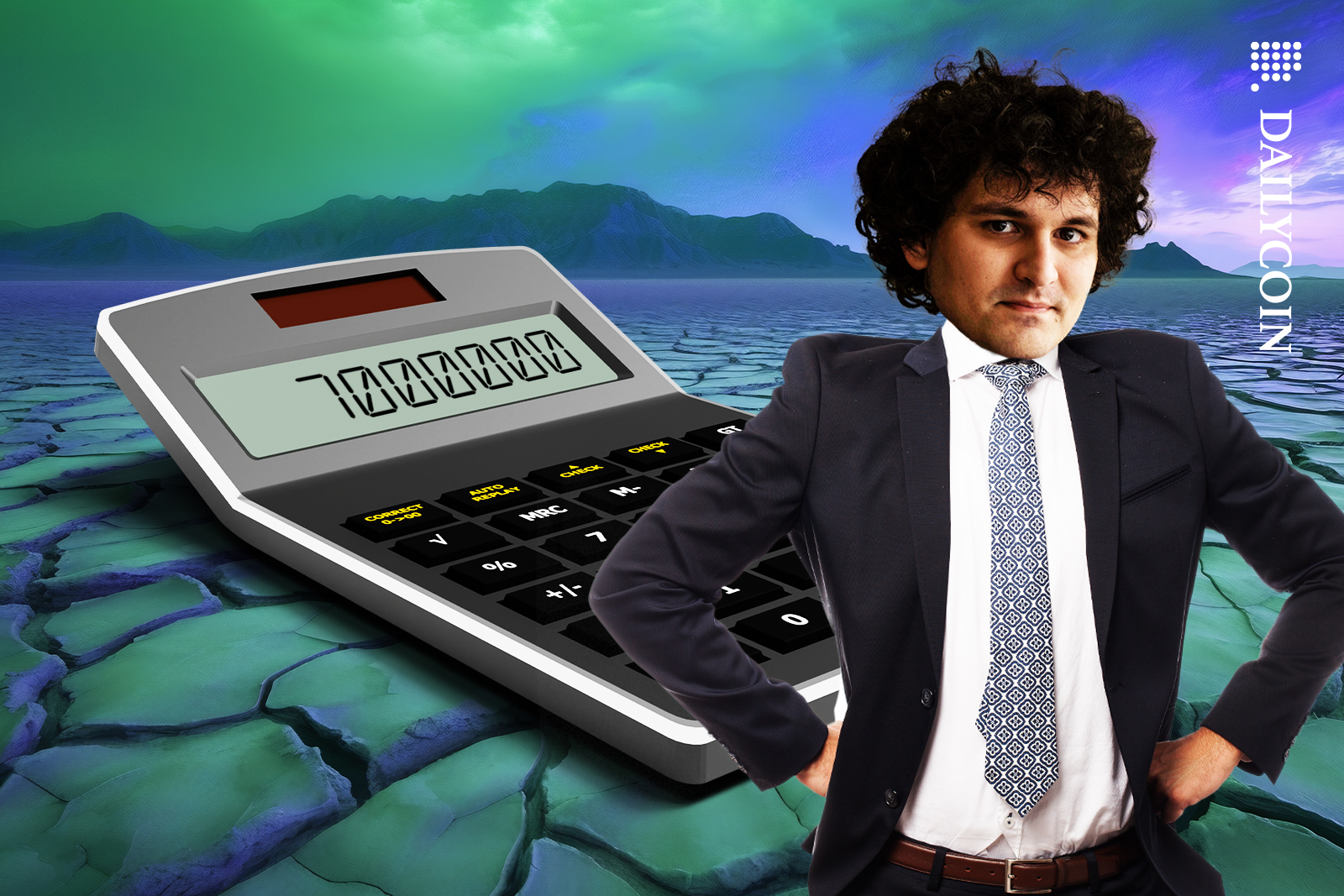 Sam Bankman being serious next to a calculator showing seven million.