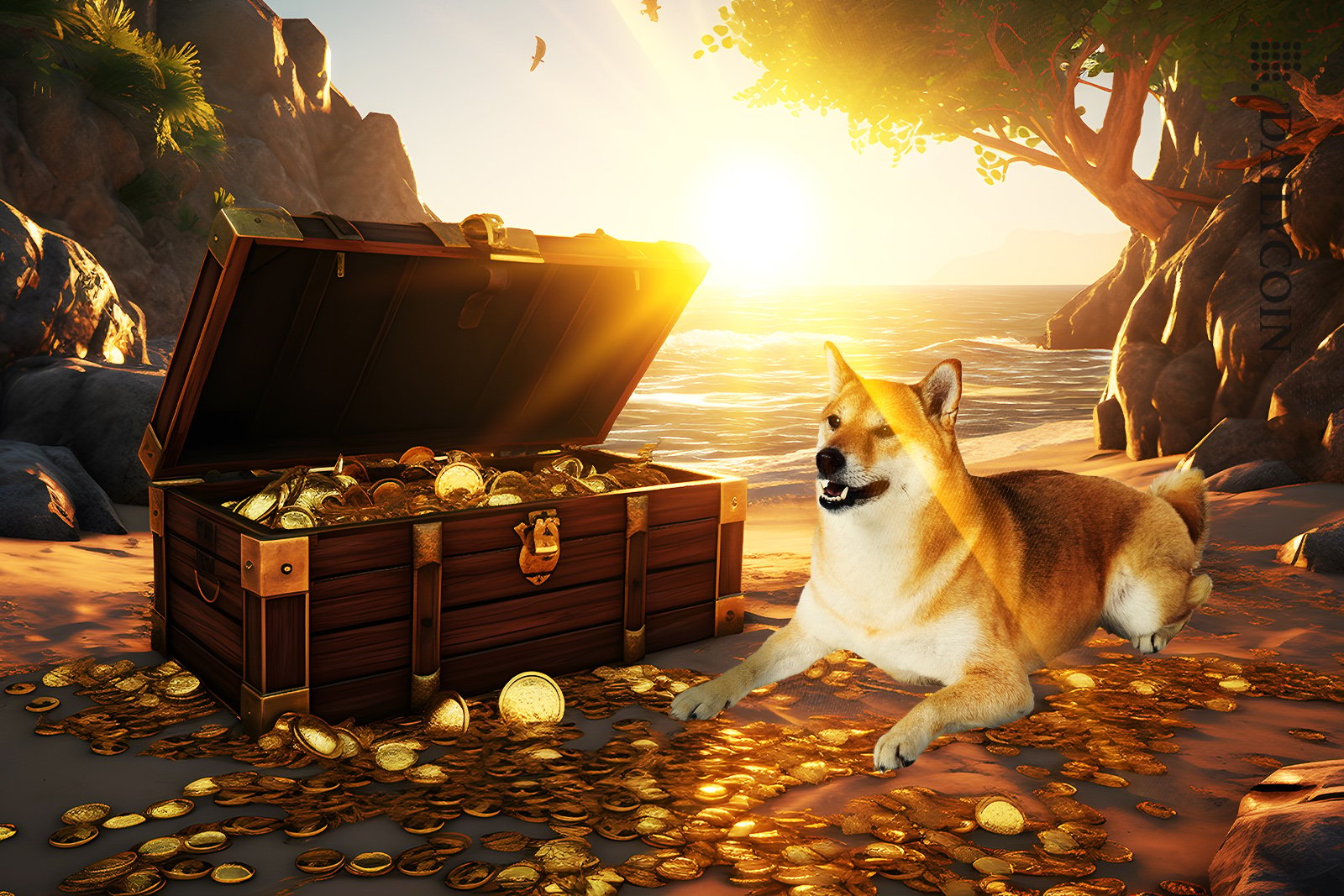 Shiba inu on the beach enjoying the sunset with his treasure.