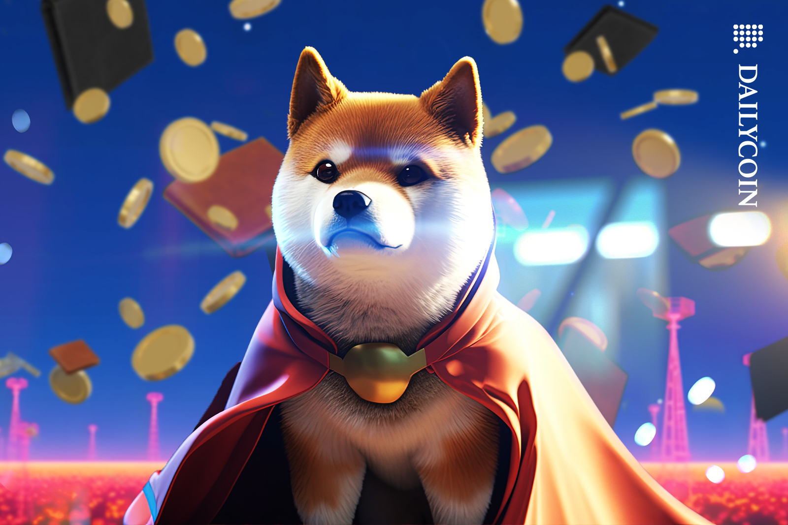 Shiba inu dressed up as a hero, with flying wallets behind him.