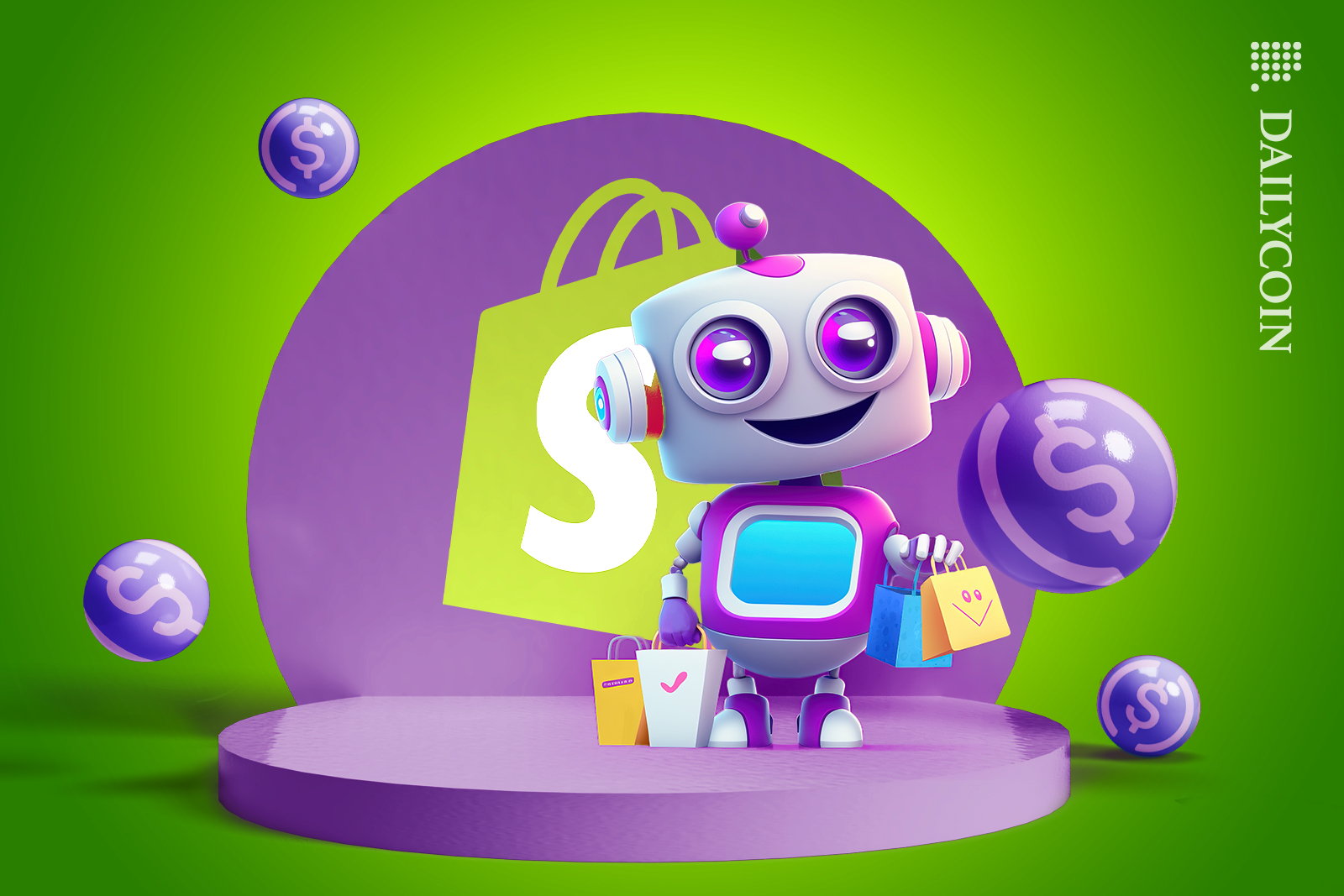 Little robot shopping on shopify platform that has USDC.
