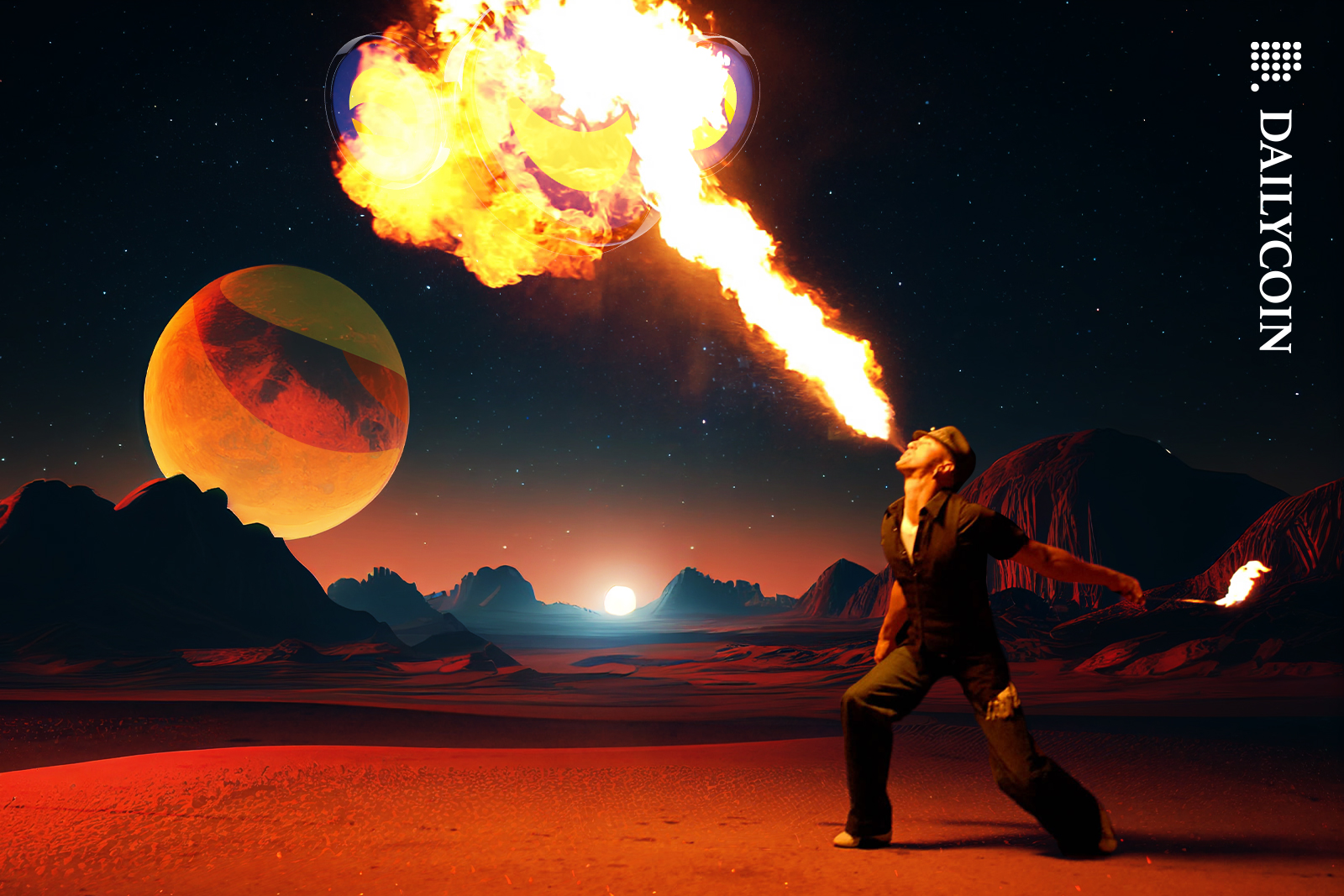 Man fire breathing on LUNC coins. In mars with a TERRA moon.