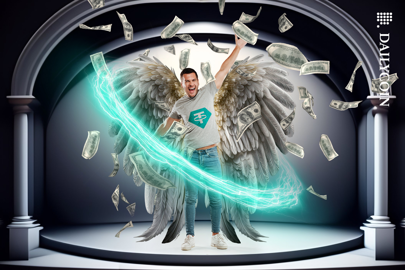 Tether angel celebrating with money falling from the sky.