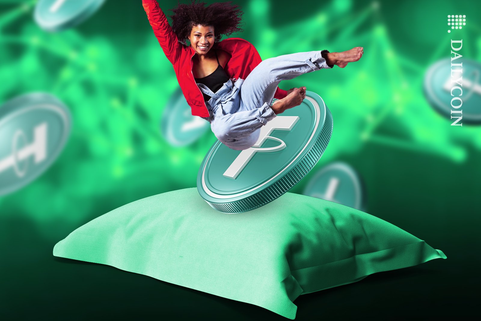 Girl jumping on a Tether booster cushion.