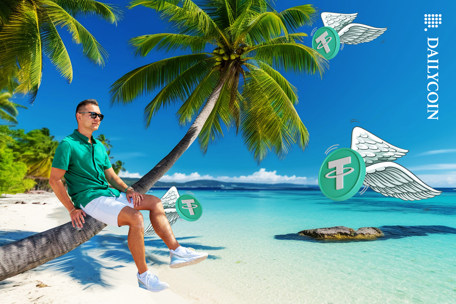 Man relaxing on a palm tree in the Bahamas with flying Tether.