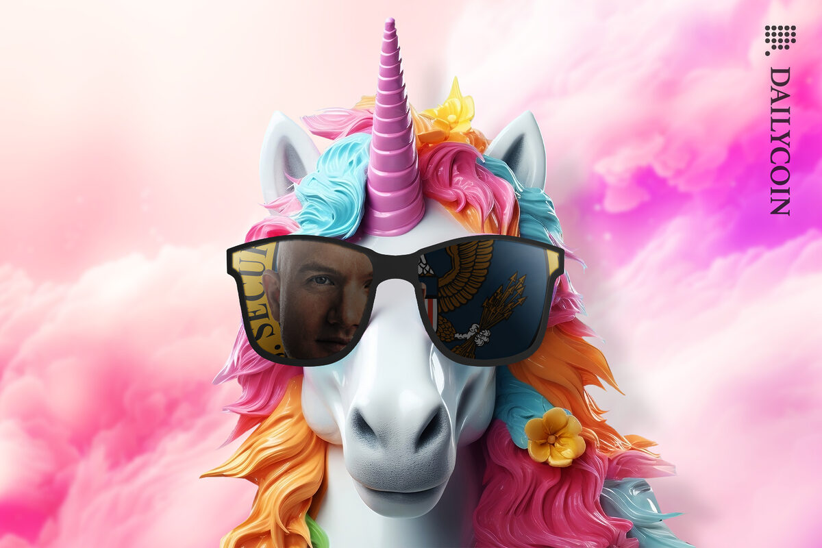Cool unicorn wearing sunglasses seeing SEC and Brian armstrong.