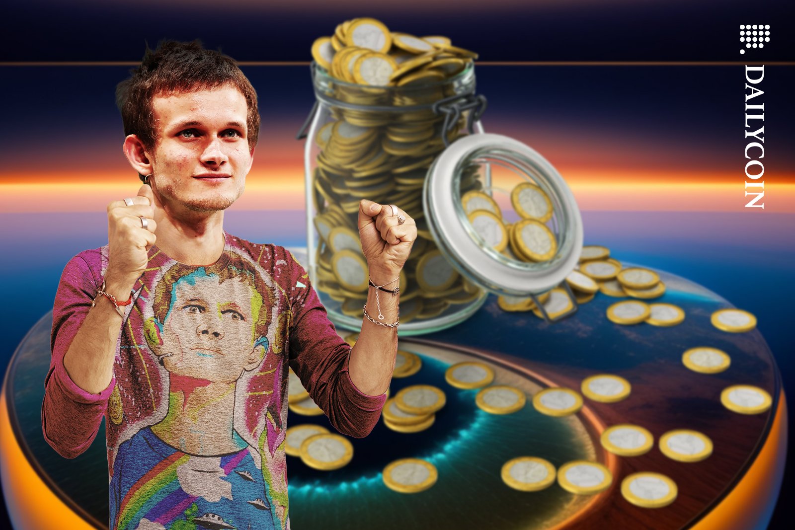 Vitalik Buterin placed a huge jar on coins on a platform, hes looking pleased with him self.