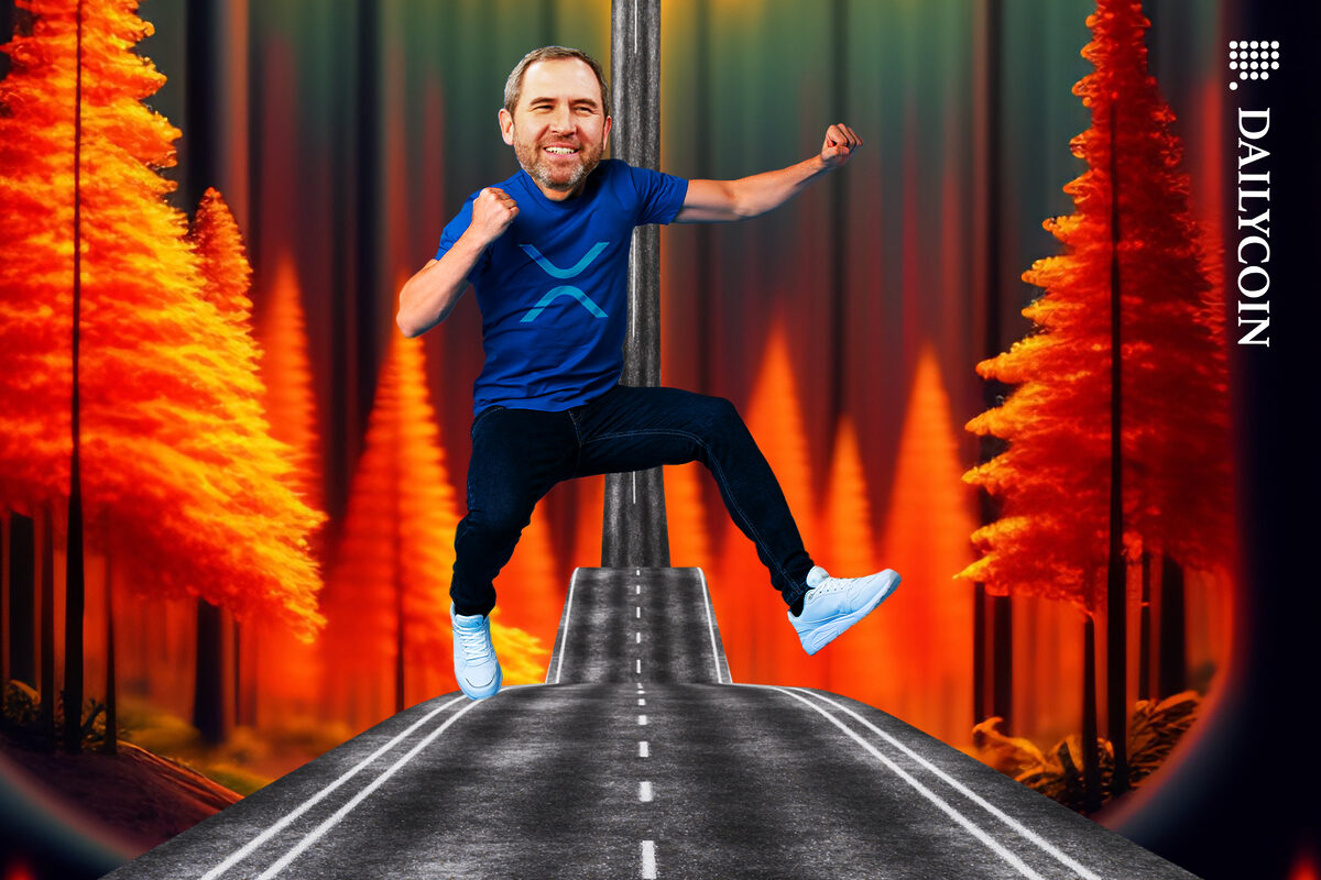 CEO of Ripple and XRP Brad Garlinghouse celebrating with joy, with a clear road away from the fire.