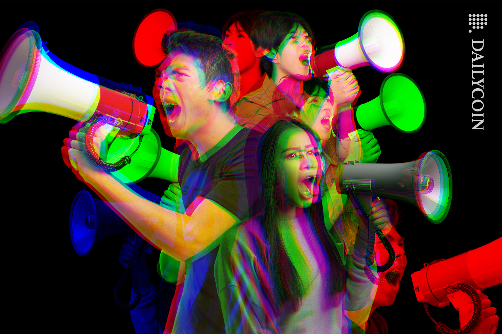A goup of young people shouthing through loud speakers in a RGB split composition.