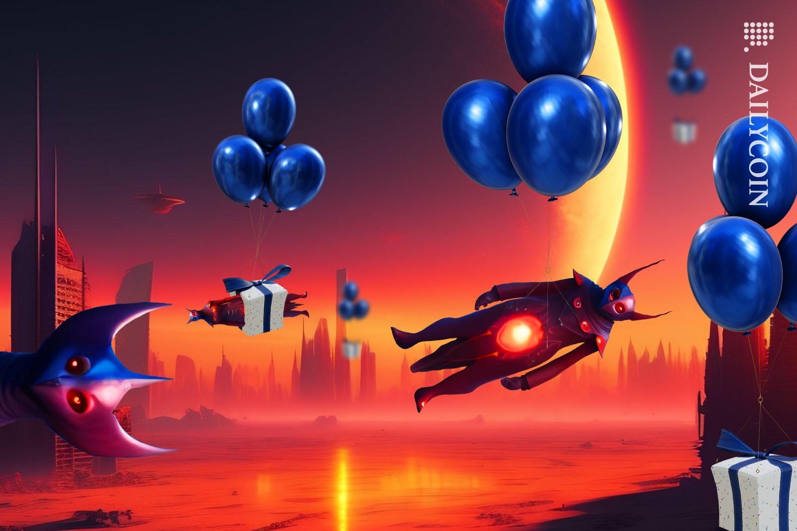 Wierd and spooky monster-like creatures falling from the sky with balloons in giftboxes.
