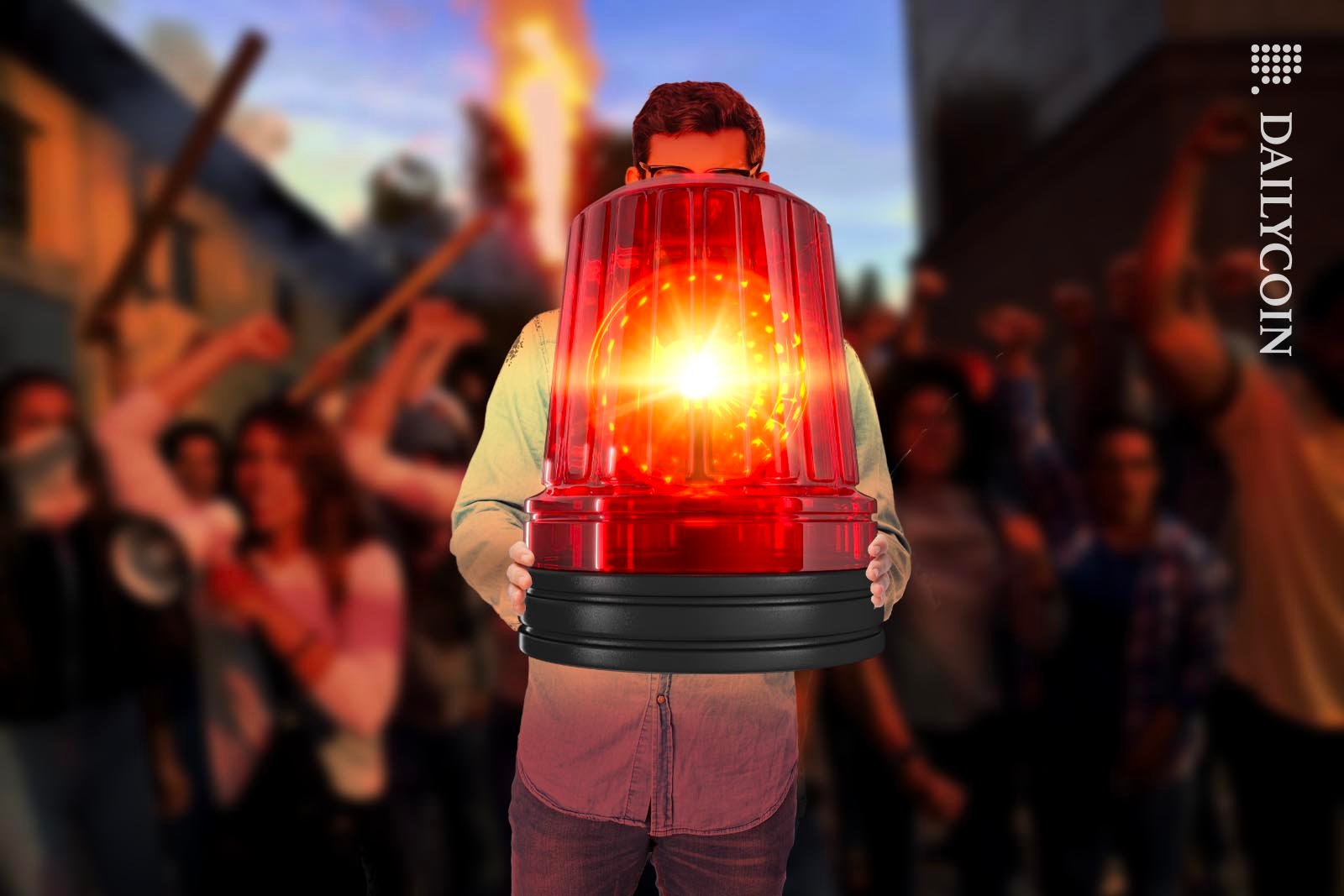 Man holding a huge alarm light with an angry crowd behing him.