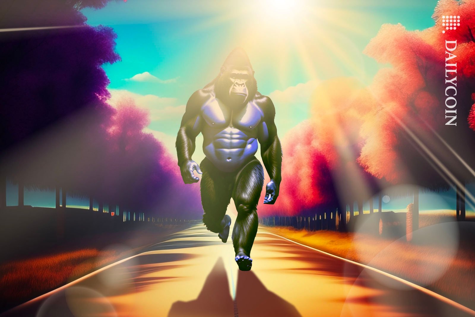 Big dominant gorilla approaching the camera on a sun baked, tree lined road.