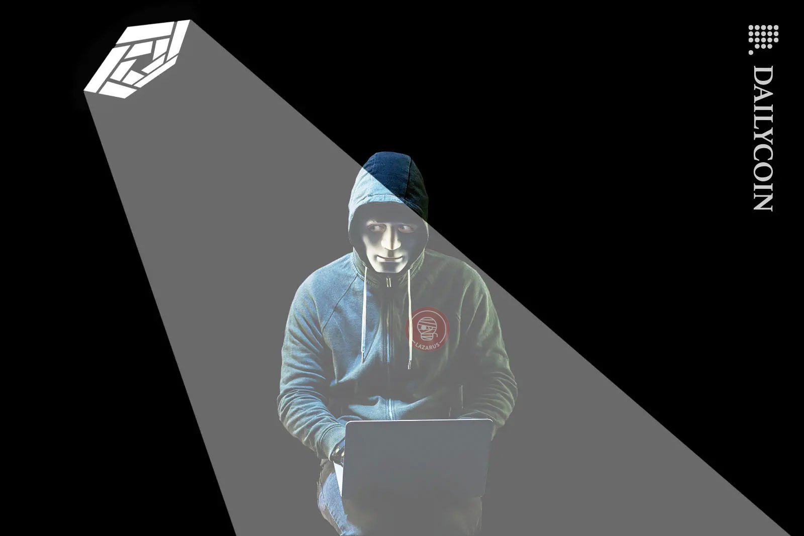 North Korean hacker being spotlighted by a bright Arkham logo.