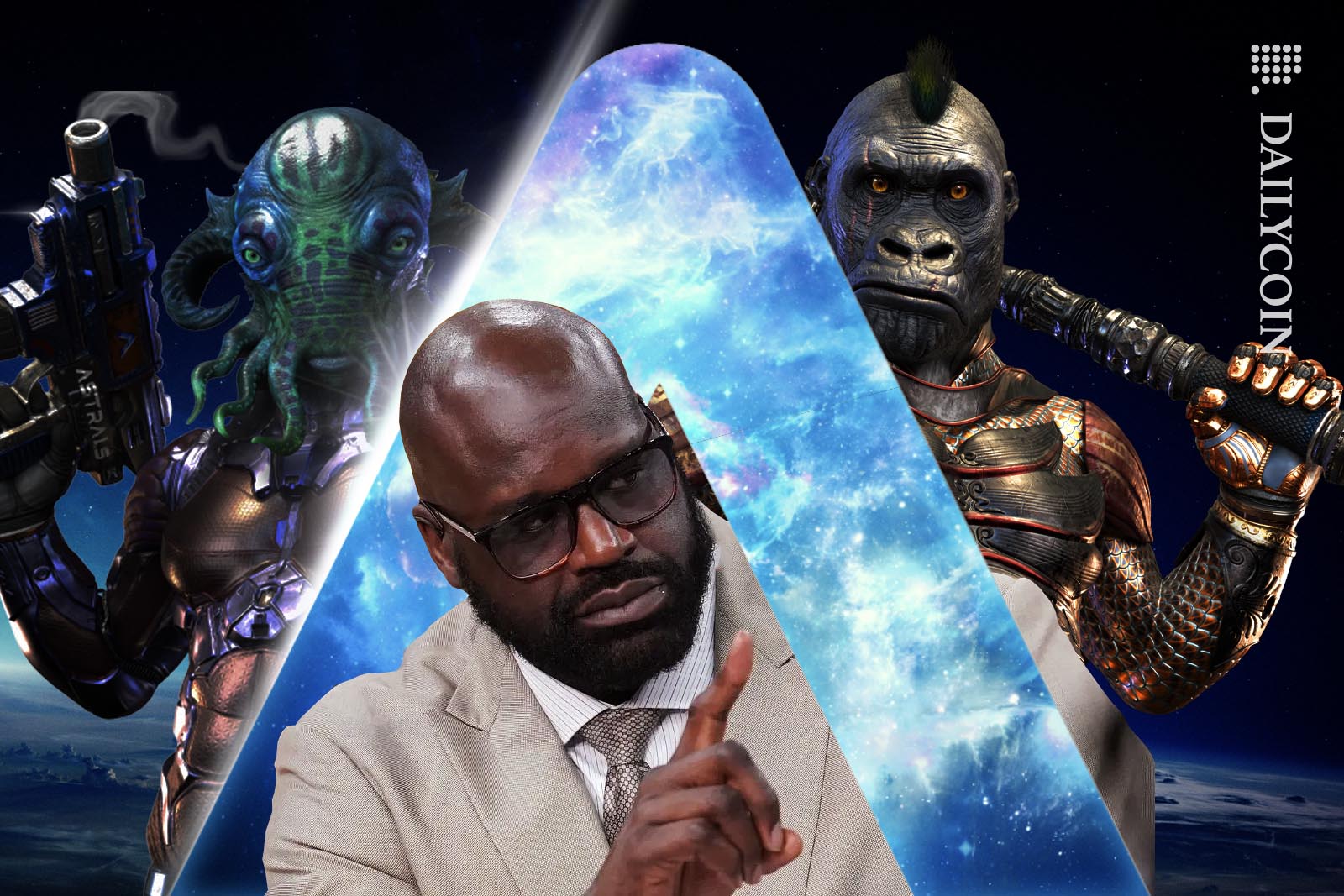 Shaquille O'neal looking upset whilst emerging from an Astrals Logo with NFT creatures behind him.