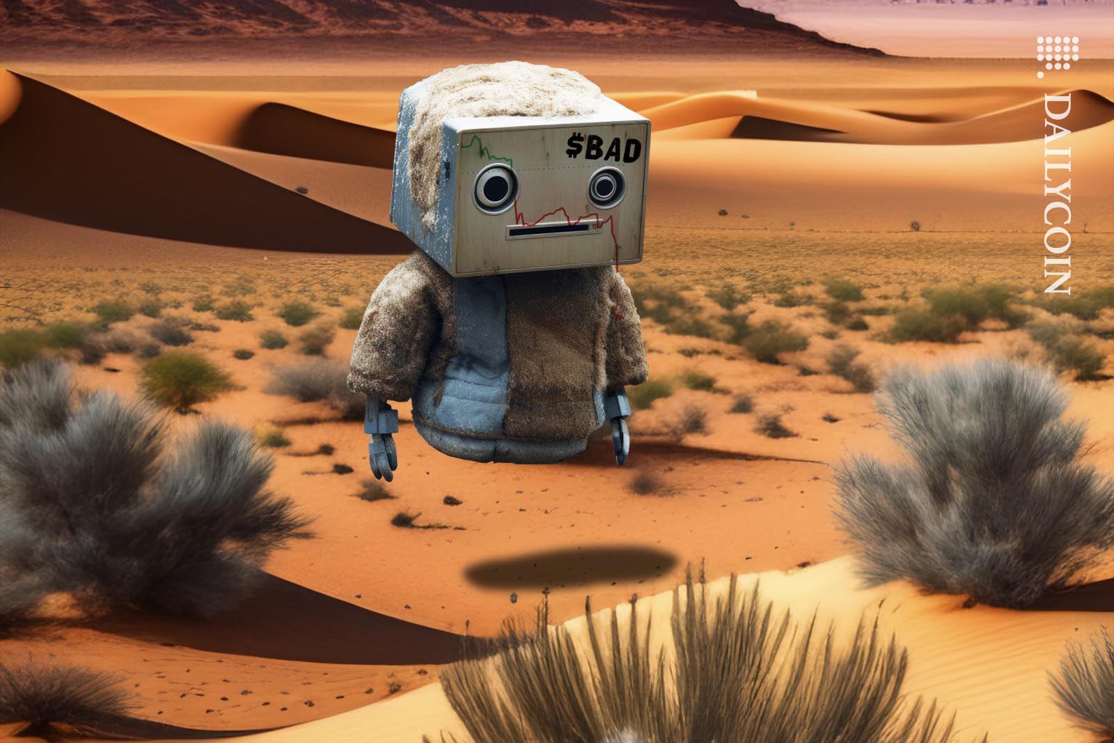 Sad little robot in a desert dripping blood from it's negative red chart on its face.