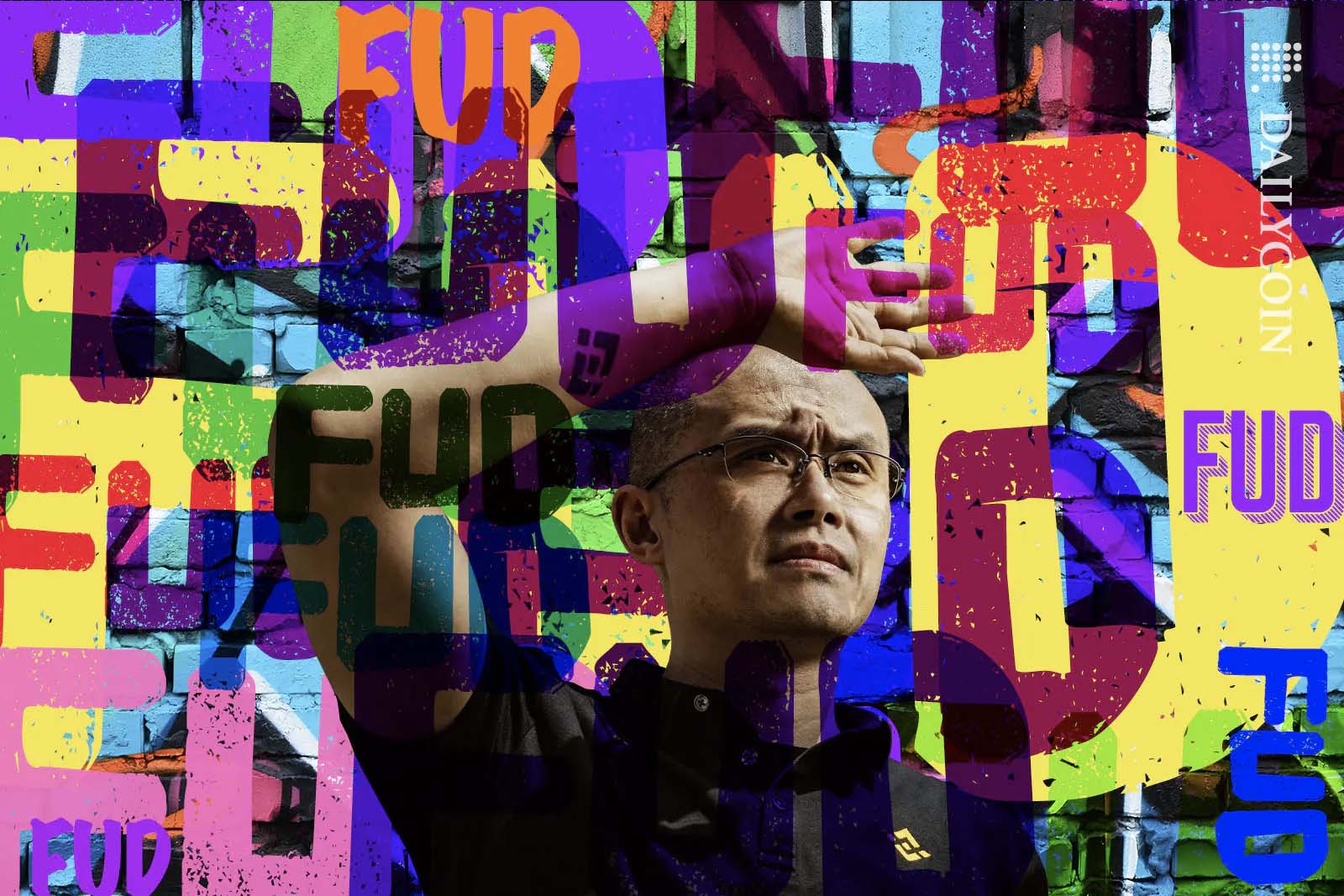 Changpeng Zhao of Binance is surrounded by colourful typograpy "FUD, FUD, FUD".
