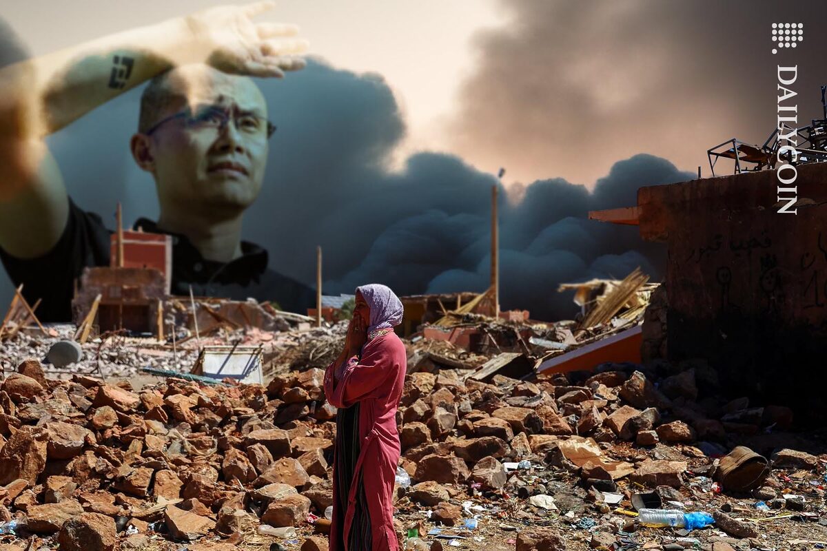 Changpeng Zhao's face appeares on the smoke in the background looking at the devastation of the Morocco earthquace.
