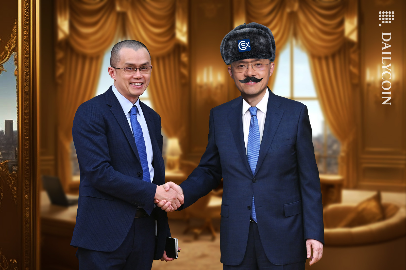 Changpeng Zhao shaking the hand of a russian business man who looks a bit like him.