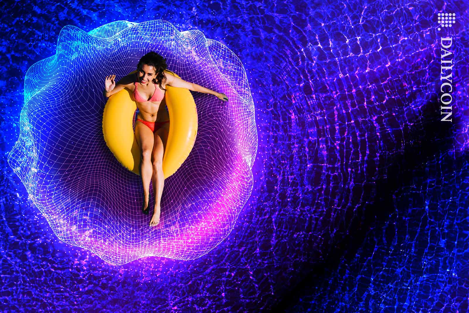 A woman in a yellow inflatable floating in a digital pool.