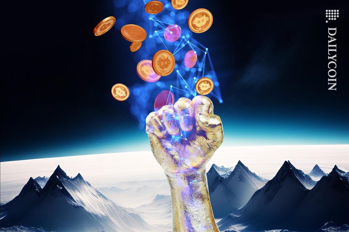 Big golden fist emitting some sort of blockchain force, transfering blockchain through space.