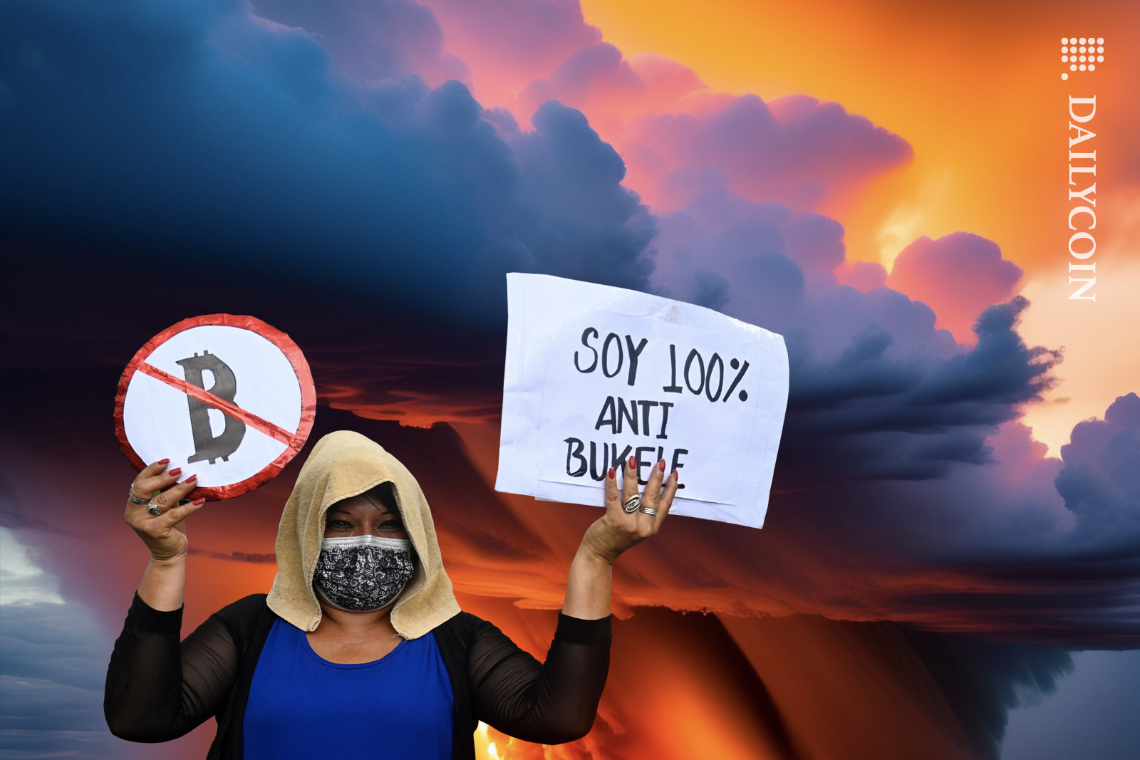 El Salvadorian woman holding up anti-Bitcoin and anti-Bukele signs as a storm is approaching.