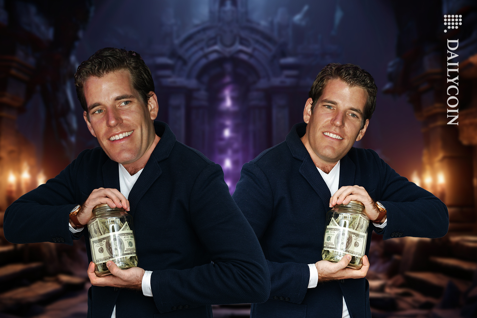 Cameron and Tyler Winklevoss both in a dungeon with a jars of money.