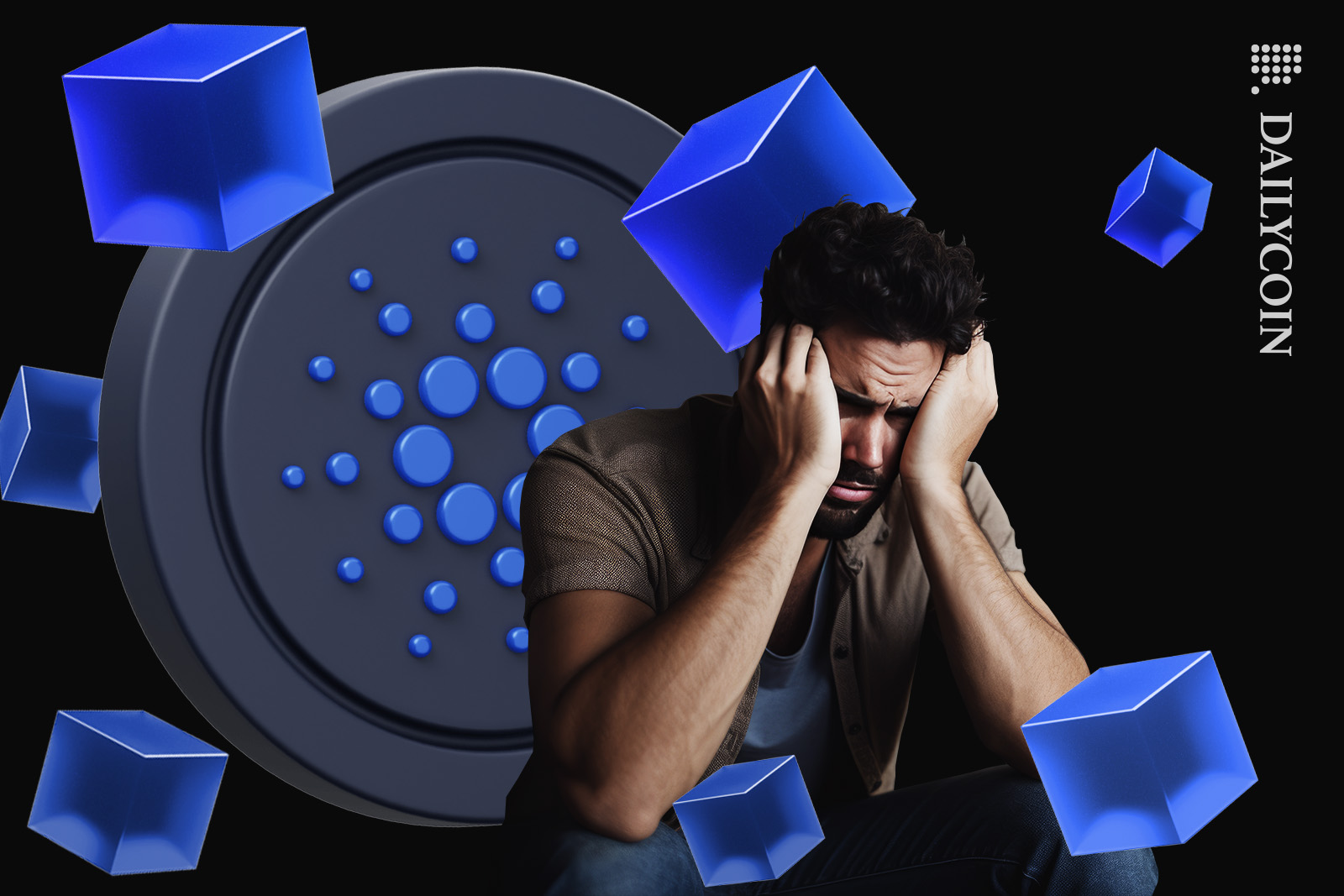 Young man feeling depressed, sitting infront of a Cardano coin and some floating blue cubes.