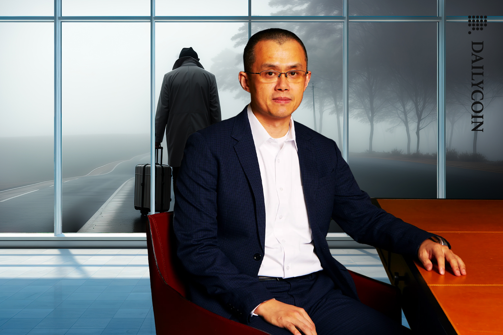 Changpeng Zhao sitting in the office as a man is seen leaving in the window.