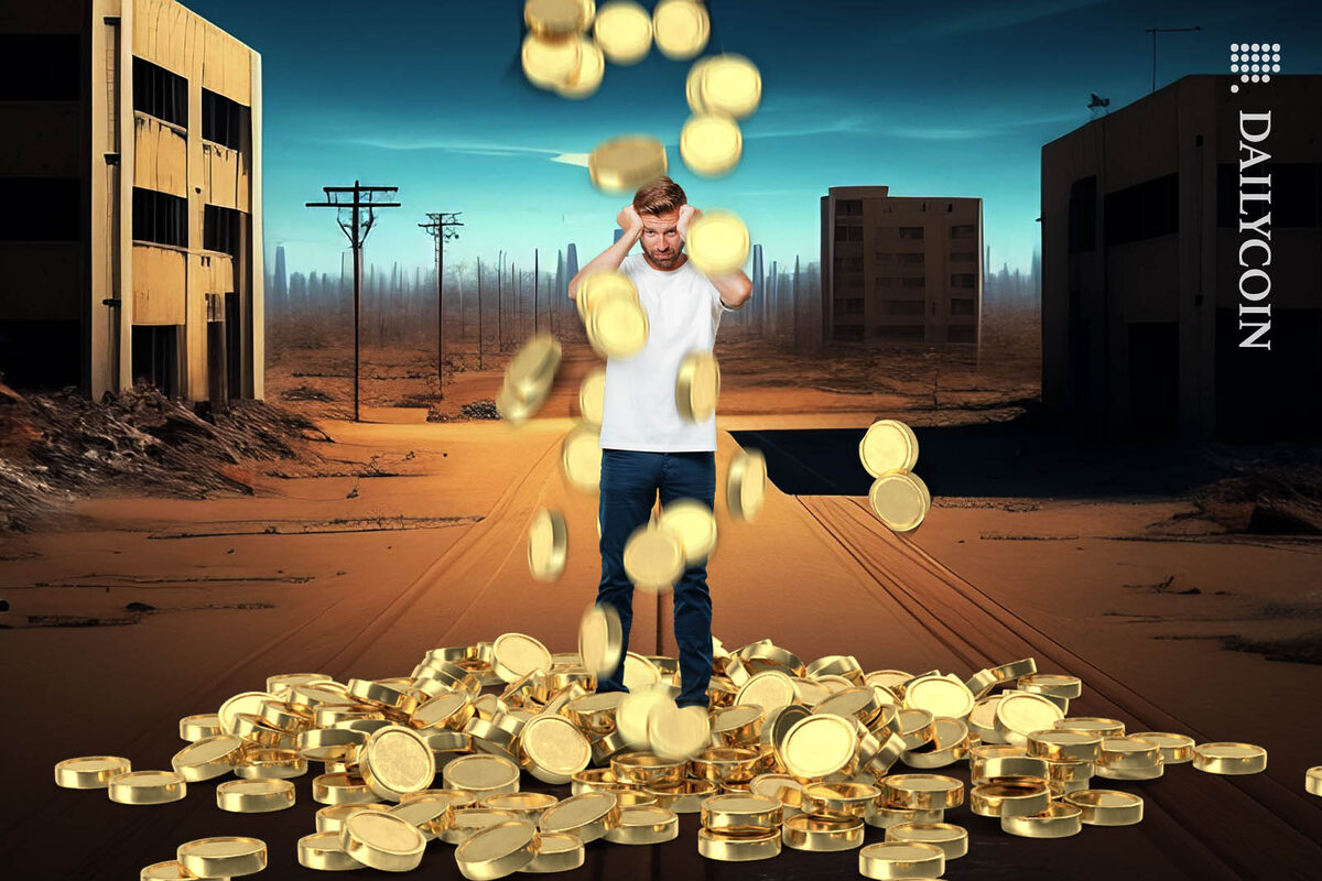 Man being annoyed by constantly falling golden coins.