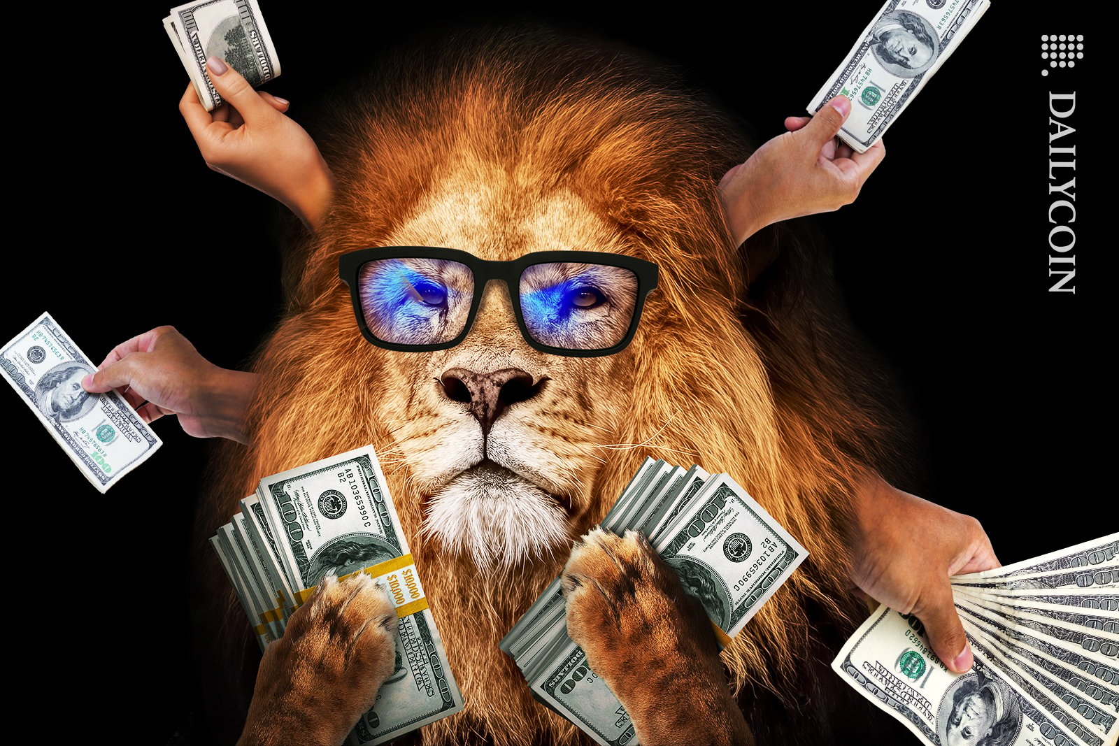 Lion holding a large ammount of cash, hands, coming out of its hair with dollars.