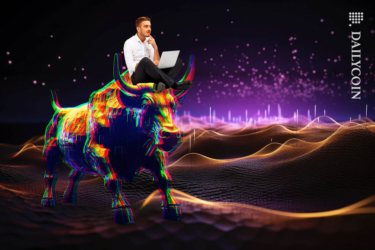 Young man smiling and thinking, whilst sitting on a digital bull riding through an alien digital landscape.
