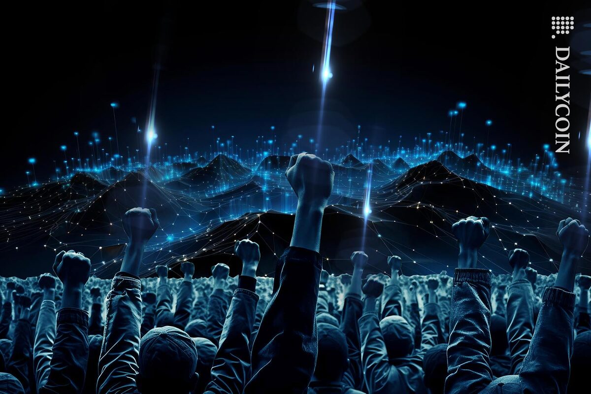 A crowd of people with their fists in the air shooting light beams towards the sky.